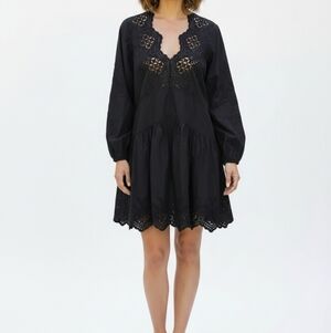 La Vie Rebecca Taylor Black V-Neck Cotton Embroidered Eyelet Dress Size Small